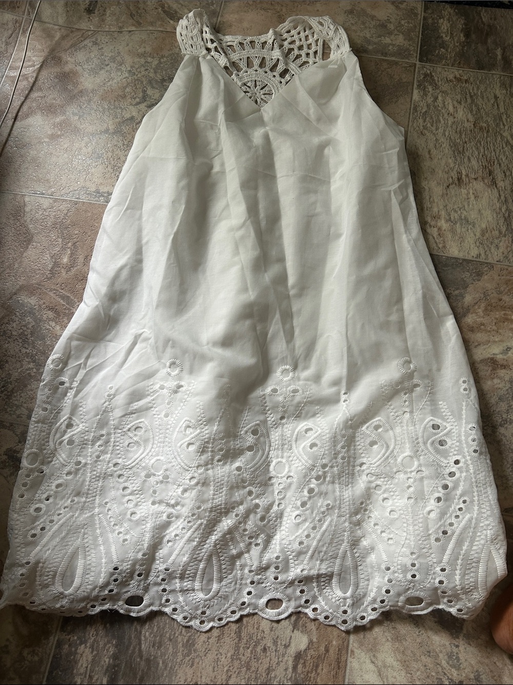 White Sleeveless Eyelet Dress with Crochet Yoke